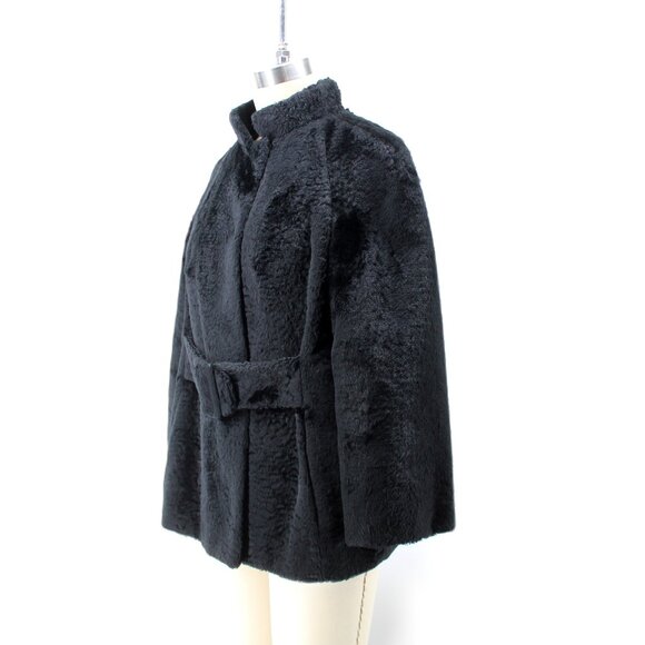 VTG 50s 60s Faux Fur Jacket Black Belted Satin Lined Stand Collar Swing Coat M - Picture 3 of 16